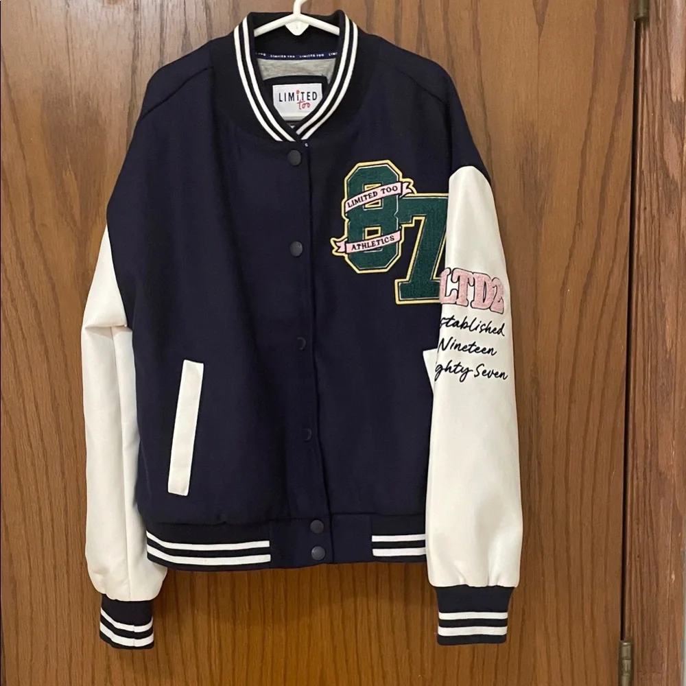 Limited Too NWT Girls size medium (10) Navy and White varsity letterman’s Jacket - Picture 1 of 8